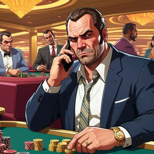 Prompt: GTA V cover art, a burly man in business casual attire, with a gold ring, talking into a cellphone, at a casino table, cartoon illustration