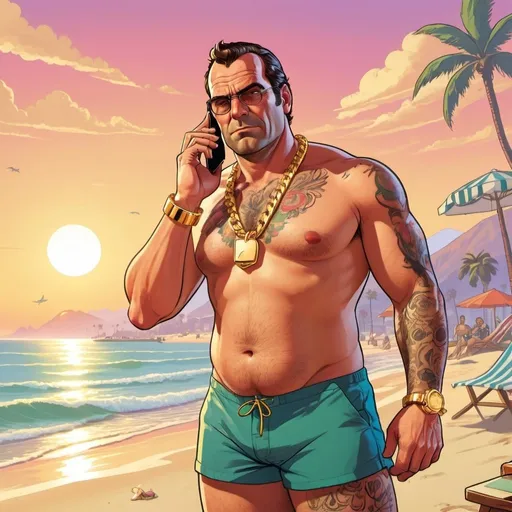 Prompt: GTA V cover art, a burly italian man in swim trunks, with a gold bracelet and ring, talking into a cellphone, on the beach at sunset, cartoon illustration