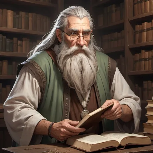 Prompt: A old sage, with a long beard, as a book keeper, character art