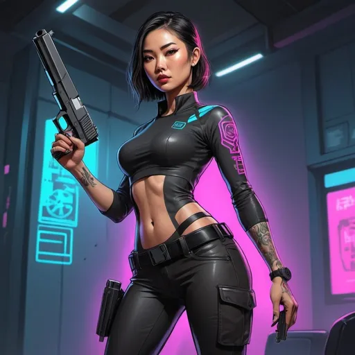 Prompt: A detailed drawing of a Asian woman, in leggings, special agent,  holding a Glock, full body, cyberpunk, bright colors, cartoon, concept art, elegant pose, bold black lines