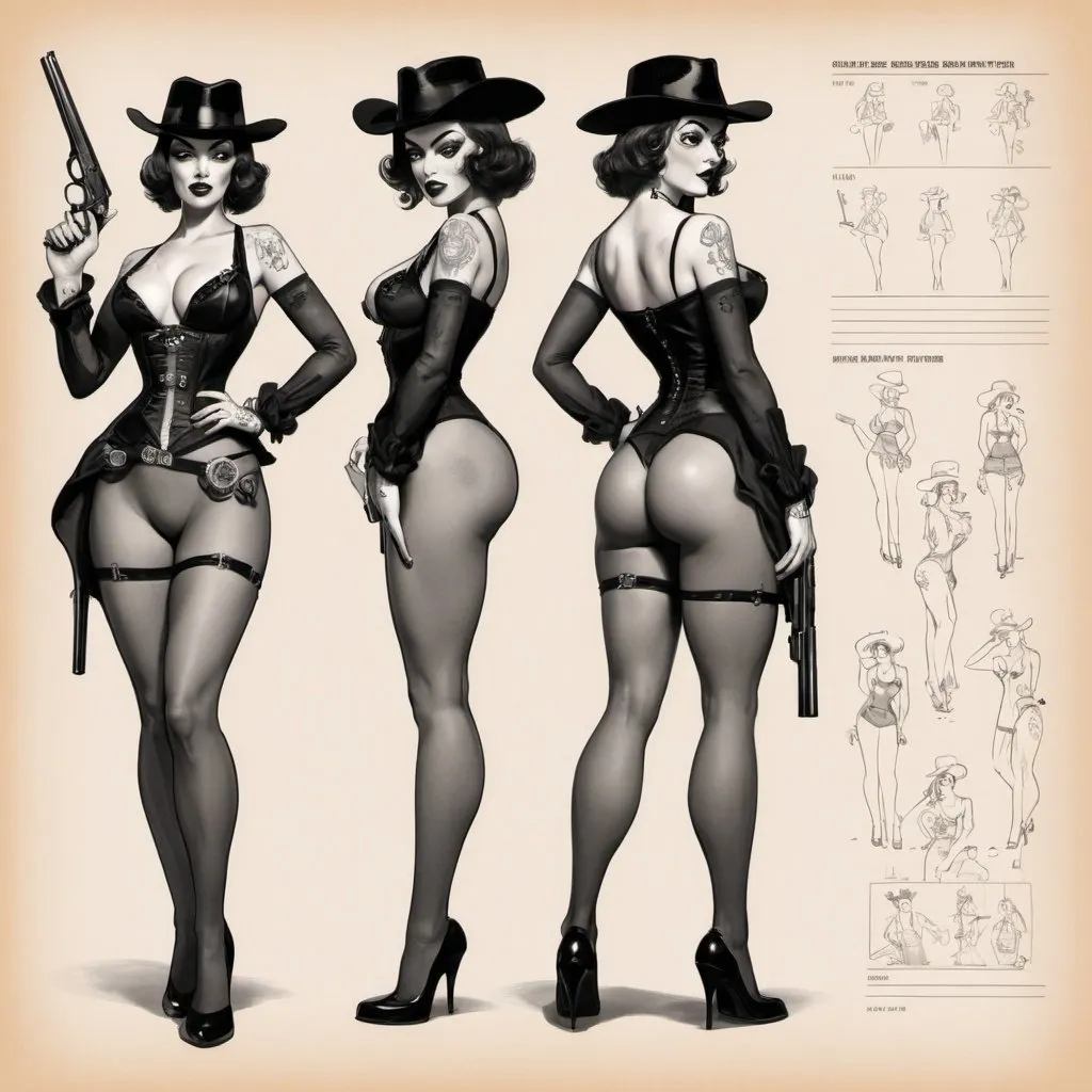 Prompt: Character design sheet A burlesque Woman holding a revolver