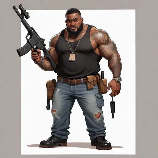 Prompt: Character design sheet A burly black man  Cartoon, with tattoos, holding a rifle, posing