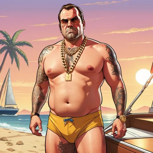 Prompt: GTA V cover art, a burly man in swim trunks, wearing a gold chain, riding a sailboat on the beach at sunset, cartoon illustration