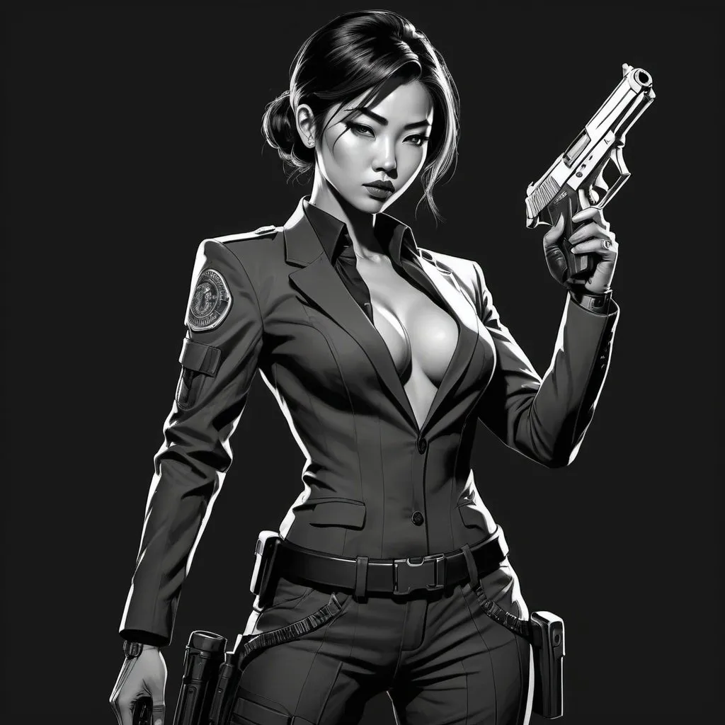 Prompt: A detailed drawing of a lusty Asian special agent,  holding a pistol, full body, cyberpunk, black and white, cartoon, concept art, elegant pose, bold black lines