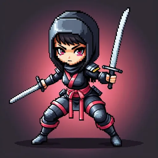 Prompt: A mini lusty, cyber lady ninja, in a battle stance, Pixel art, 