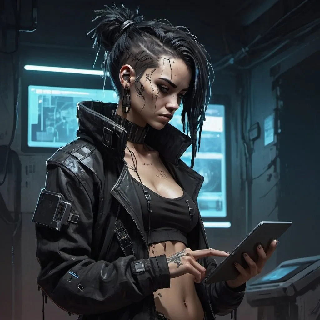 Prompt: a cyberpunk woman with tattered clothes, looking at a small tablet, concept art, character design, bold black lines