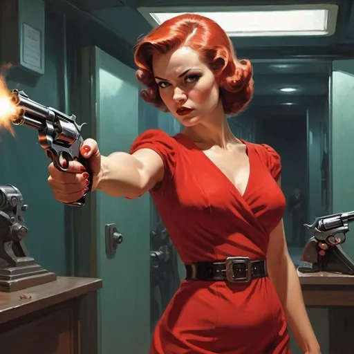 Prompt: woman loading a revolver, in a red dress,  science-fiction, pulp style