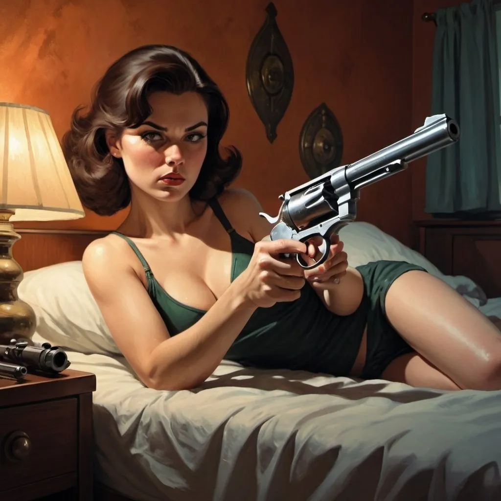 Prompt: woman loading a revolver, laying on the bed, science-fiction, pulp style