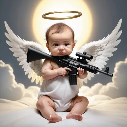 Prompt: A baby angel with wings, and a halo holding a rifle,