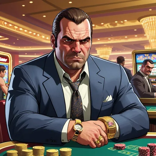 Prompt: GTA V cover art, a burly man in business casual attire, with a gold bracelet and ring, talking into a cellphone, at a casino table, cartoon illustration