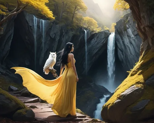 Prompt: Woman with a yellow dress and long black hair with a white owl and white panther on a leash together on a with a opal castle and a waterfall white mountains path to a cave with red woods