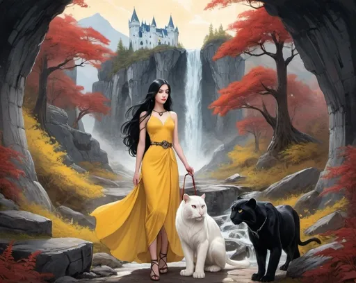 Prompt: Woman with a yellow dress and long black hair with a white owl and white panther on a leash together on a with a opal castle and a waterfall white mountains path to a cave with red woods