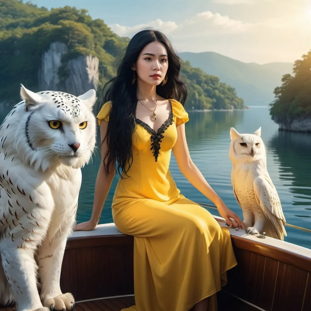 Prompt: Woman with a yellow dress and long black hair with a white owl and white panther on a leash together on a with a sail boat