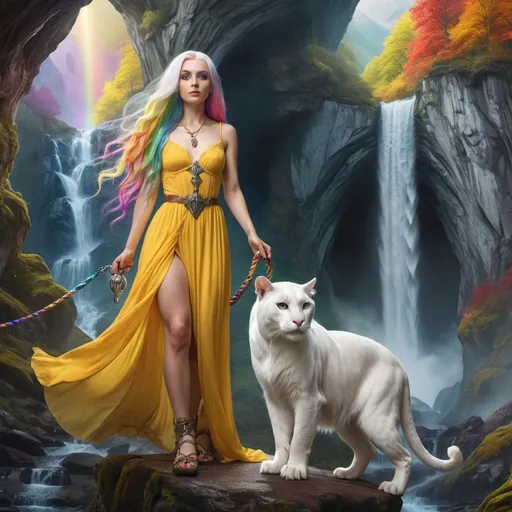 Prompt: Woman with a yellow dress and long rainbow hair with a white owl and white panther on a leash together on a with a opal castle and a waterfall white mountains path to a cave with red woods