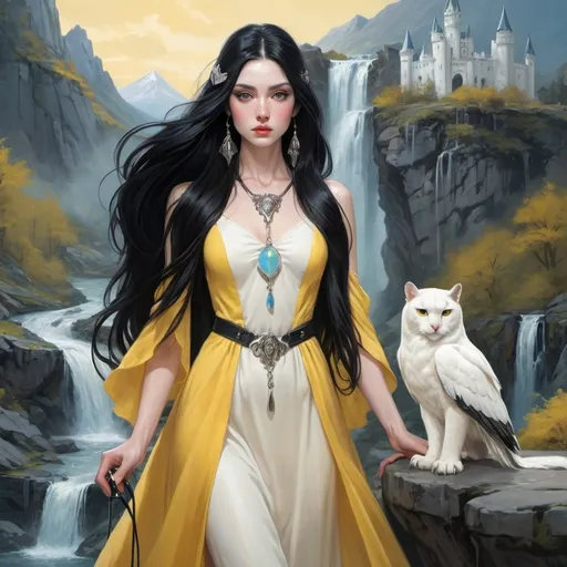 Prompt: Woman with a yellow dress and long black hair with a white owl and white panther on a leash together on a with a opal castle and a waterfall white mountain