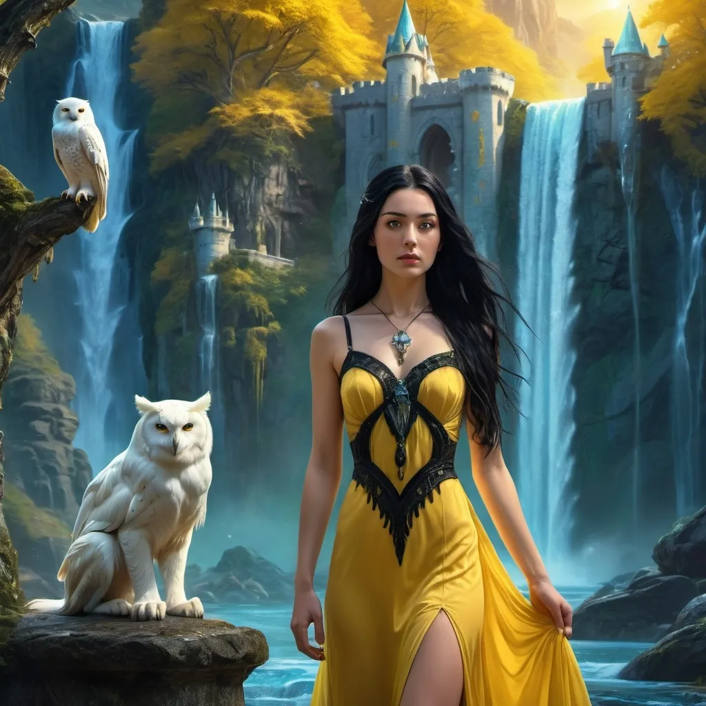 Prompt: Woman with a yellow dress and long black hair with a white owl and white panther on a leash together on a with a opal castle and a waterfall