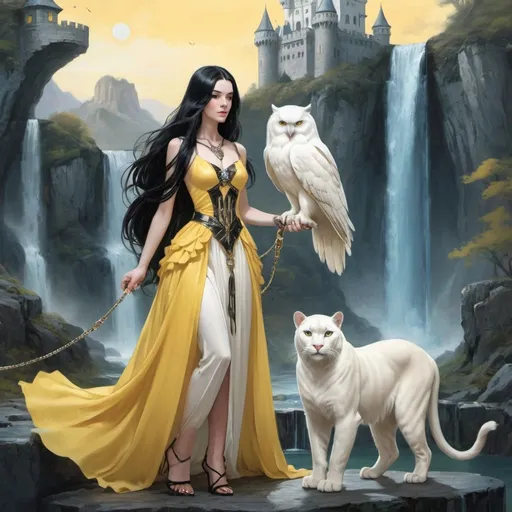Prompt: Woman with a yellow dress and long black hair with a white owl and white panther on a leash together on a with a opal castle and a waterfall