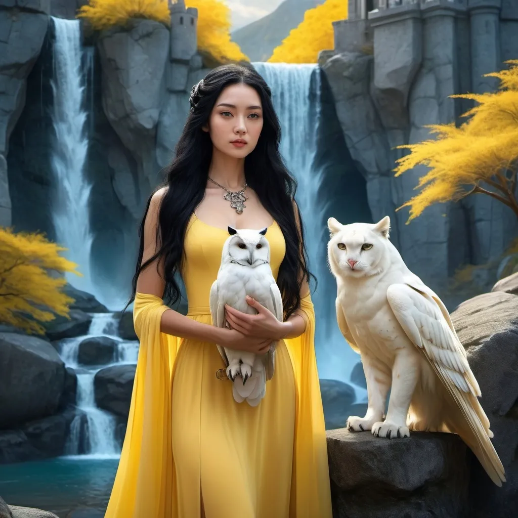 Prompt: Woman with a yellow dress and long black hair with a white owl and white panther on a leash together on a with a opal castle and a waterfall white mountain