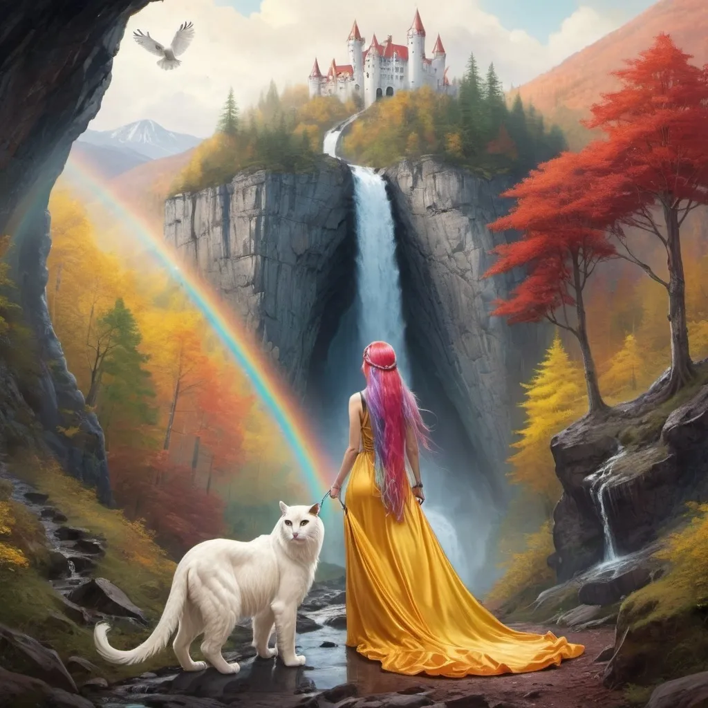 Prompt: Woman with a yellow dress and long rainbow hair with a white owl and white panther on a leash together on a with a opal castle and a waterfall white mountains path to a cave with red woods