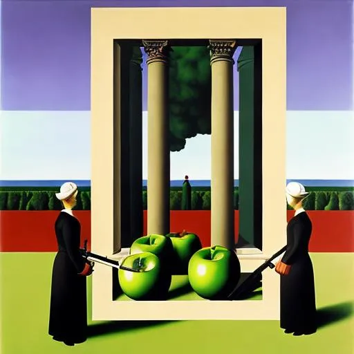 Prompt: Rene Magritte's painting style with many elements of surrealism, a man and a woman facing each other holding weapons, world war nuances, circular frame, destroyed old monument, a green apple, a woman pushing a baby cart, gradations of red, cream, black, dark blue , yellow, purple, white, dark green and pink