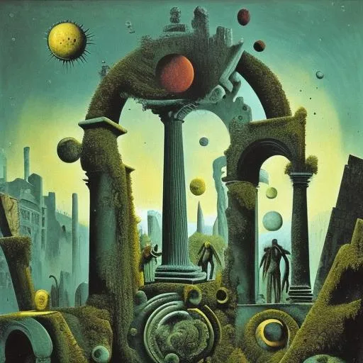 Prompt: Max Ernst painting style with many elements of surrealism, a mossy French monument with dotted details, a sun with a surreal face, 100 steps with vintage details, a door with a Reina era feel, 5 men dressed in Greek mythology forming a circle, a small green apple, cloudy background, gradations of dark blue, light blue and dark green