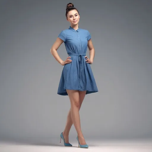 Prompt: Pretty young woman, hair in high bun,  pose for picture, 
full body,  wearing blue casual dress,  high heels,  looking at camera,  hands on hip, detailed clothing, realistic, natural lighting, animation,  illustration,  concept art