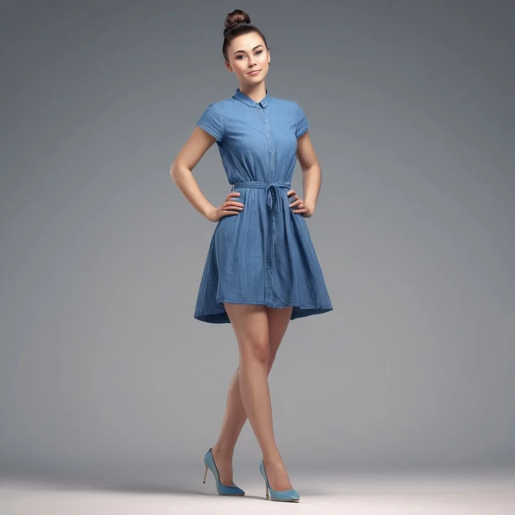 Prompt: Pretty young woman, hair in high bun,  pose for picture, 
full body,  wearing blue casual dress,  high heels,  looking at camera,  hands on hip, detailed clothing, realistic, natural lighting, animation,  illustration,  concept art