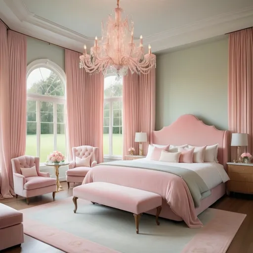 Prompt: Dreamy pastel portrait, large luxury bedroom, extra large windows, large chandelier,  light pink tall velvet headboard,  light drapes, view of manicured lawns,  morning time