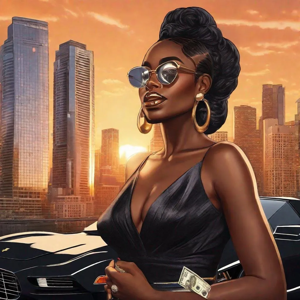 Prompt: Image of a black woman, dressed in elegant attire, standing in front of a stunning cityscape. She has a confident and alluring expression on her face, holding a stack of hundred dollar bills in one hand and leaning against a black Ferrari with the other. The background is filled with tall buildings and a sunset sky, giving off a luxurious and glamorous vibe. 