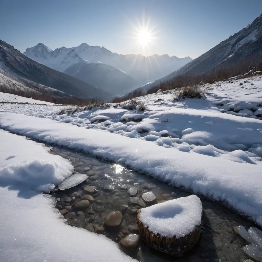 Prompt: il sole che pian piano scoglie la neve e il ghiaccio dalle montagne