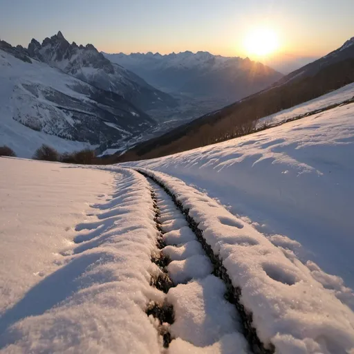 Prompt: una catena montuosa innevata. il tutto ha un non so che di primaverile e porta gioia. il sole del tramonto spunta leggermente dietro le montagne che prendono ombra