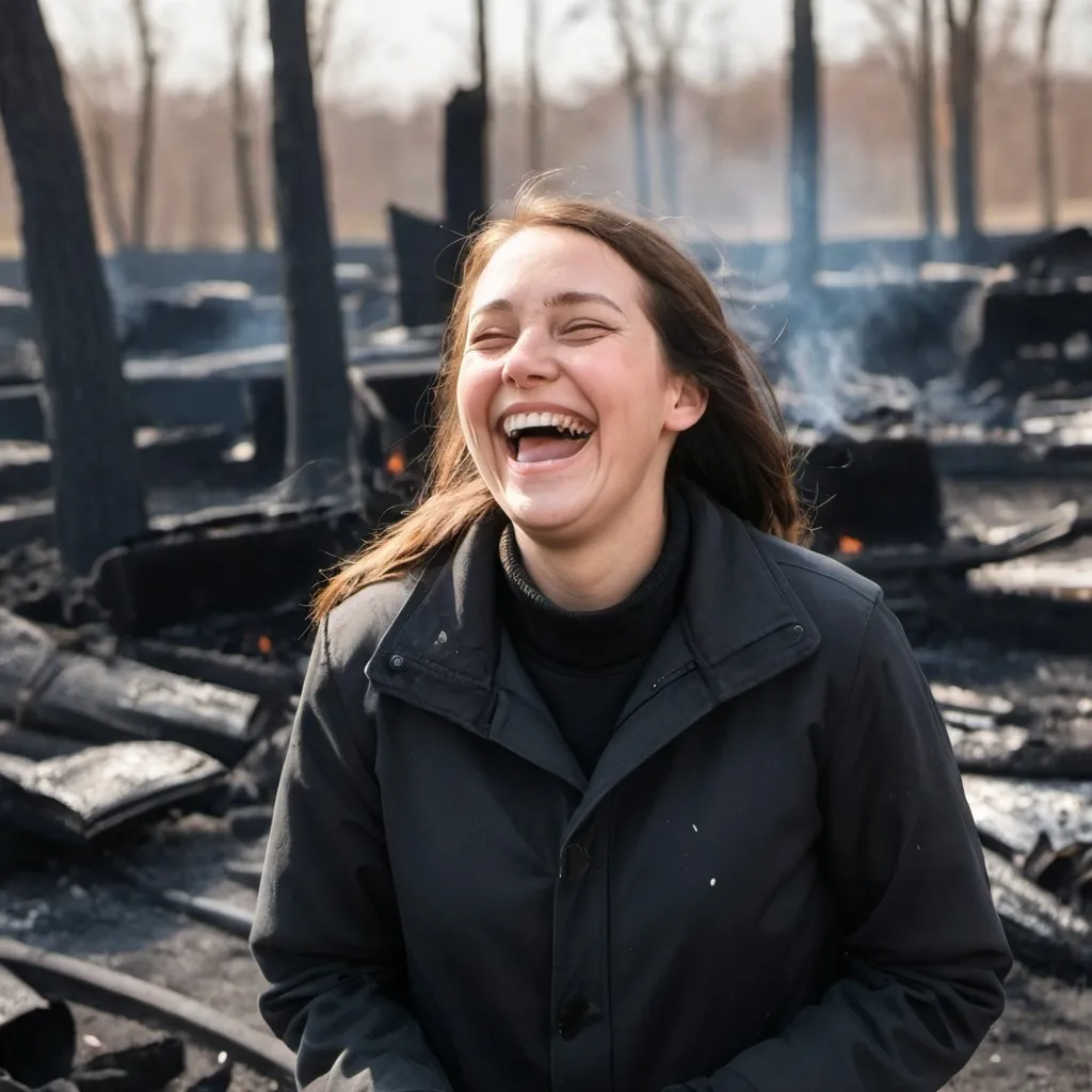 Prompt: A happy person laughing at charred remains