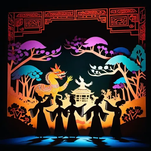 Prompt: Traditional Chinese shadow puppetry performance, intricate paper-cut figures, rich cultural heritage, dynamic storytelling, vibrant colors, high contrast lighting, detailed craftsmanship, theatrical atmosphere, high quality, vivid, cultural, intricate designs, dynamic, traditional art, vibrant colors, theatrical lighting