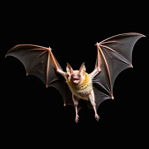 Prompt: a bat flying with open wings, black background.