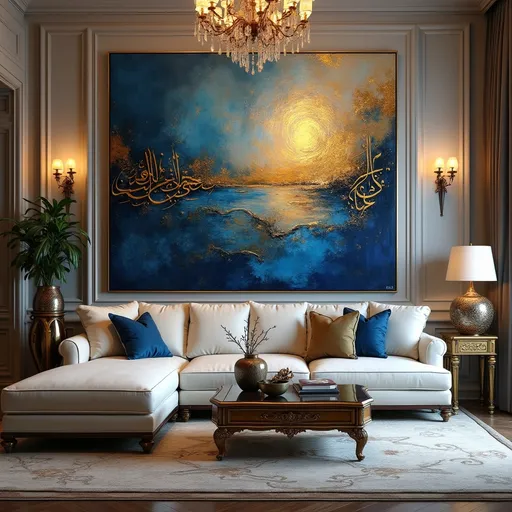 Prompt: Abstract wall art, featuring royal blue, gold, and copper tones, complemented by Arabic calligraphy of "sakina", harmonious blend of modern and traditional elements, background displaying luxurious Turkish furniture with ornate designs, elegant chandelier casting warm light, essence of sophistication and vivacity, high quality, ultra-detailed, inspiring and inviting atmosphere in the living room.