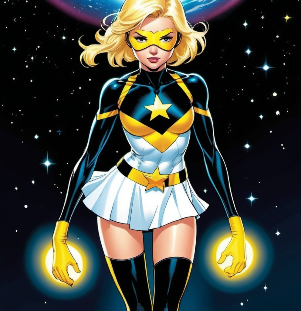 Prompt: short blonde friendly but determined young superherp girl, wearing a visor glowing with cosmic bright yellow energy that covers her eyes. She wears a completely white superhero costume with a skirt and with black gloves and black boots. Wears a black belt with a glowing yellow star. She radiates yellow cosmic energy and is flying in outer space. She has action pase. She is surrounded with cosmic yellow energy. Full body shot