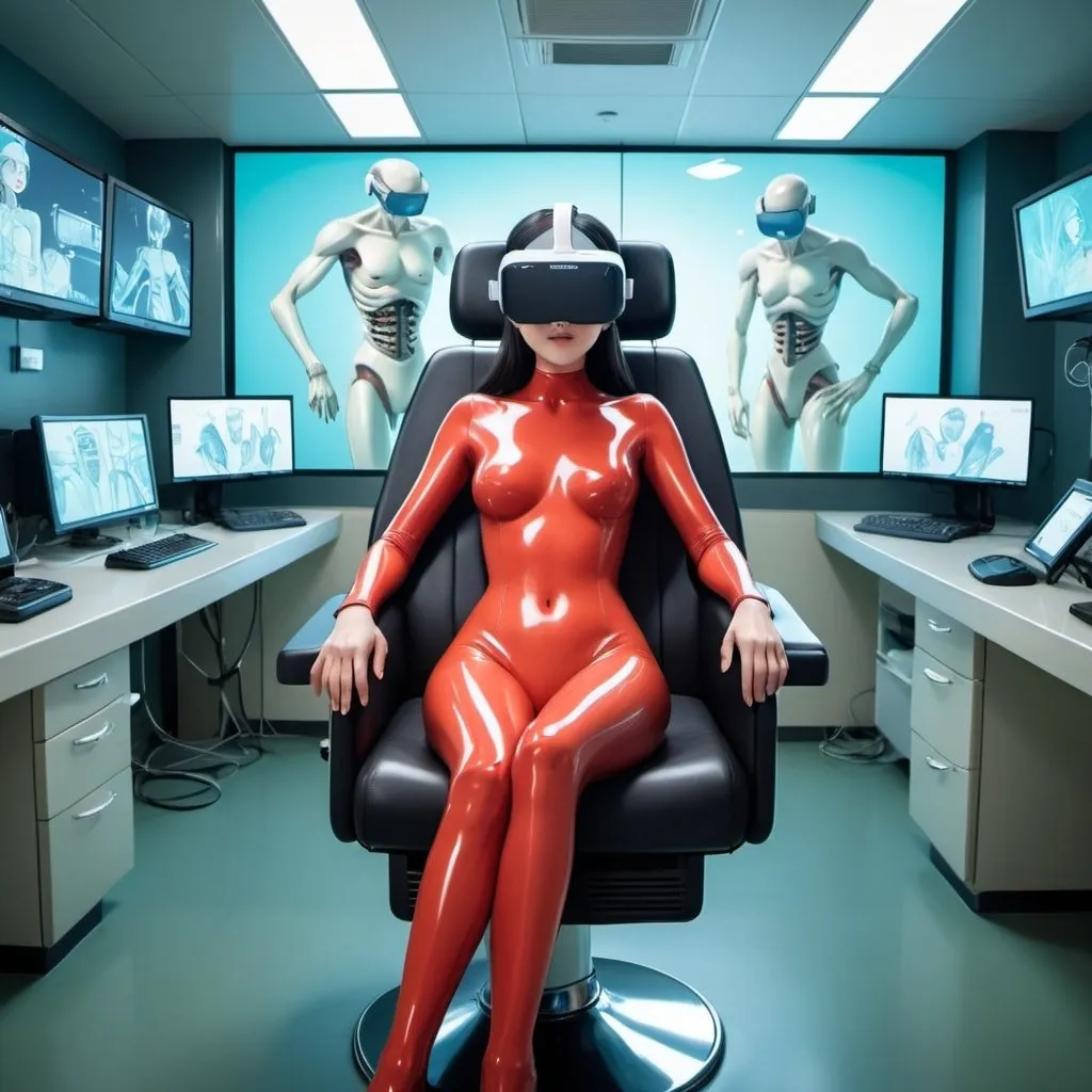 Prompt: Ghibli 2D anime style. A woman wearing a latex bodysuit sits in a dentists chair with VR headset on. Room with many servers and computers. 
