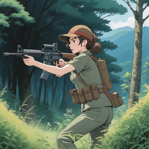 Prompt: Ghibli 2D anime style. A militia woman firing her M16 at an unseen target.