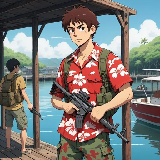 Prompt: Ghibli 2D anime style. A man wearing a red Hawaiian shirt and camo clothing armed with an assault rifle. Daytime at a boat dock.