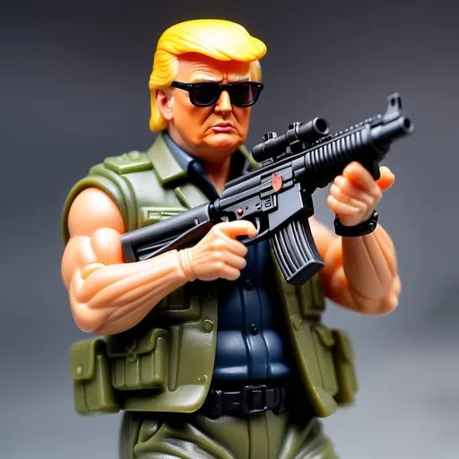 Prompt: Style 1:18 scale action figure. Donald Trump in Rambo garb, shooting a big machine gun.
