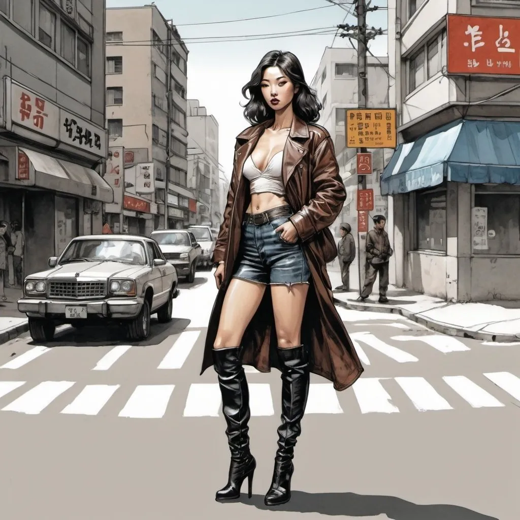 Prompt: Kim Jung Gi style illustration. leather hooker standing on street corner.