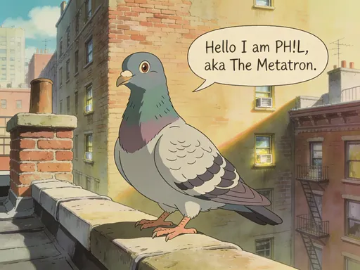 Prompt: Ghibli anime style, colored line drawing. A pigeon perched on a New York apartment rooftop. Says "Hello I am PH!L, aka The Metatron."