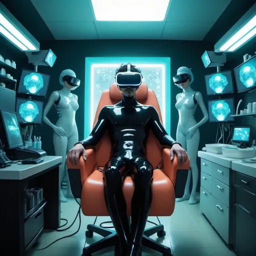 Prompt: Ghibli 2D anime style. A man wearing a latex bodysuit sits in a dentists chair with VR headset on. Room with many servers and computers. Dark room with neon lighting.