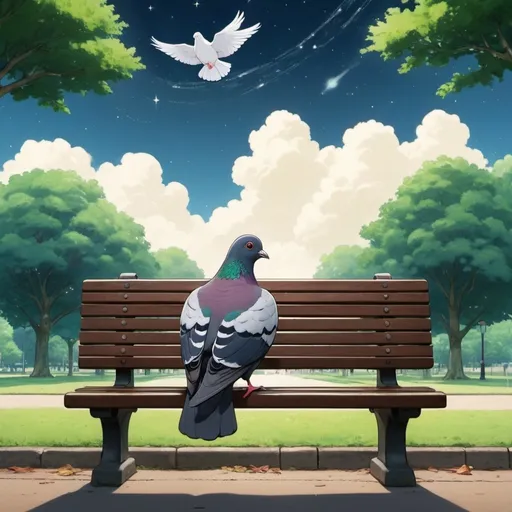 Prompt: Ghibli 2D anime style. A pigeon named Ph!l, sitting at the edge of the universe on a park bench.