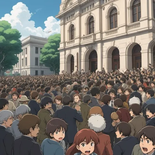 Prompt: Ghibli 2D anime style. A massive riot outside a courthouse. 