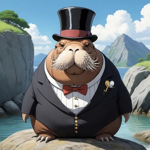 Prompt: Ghibli 2D anime style. A Walrus wearing a top hat and monocle, on top of a rock being dapper.