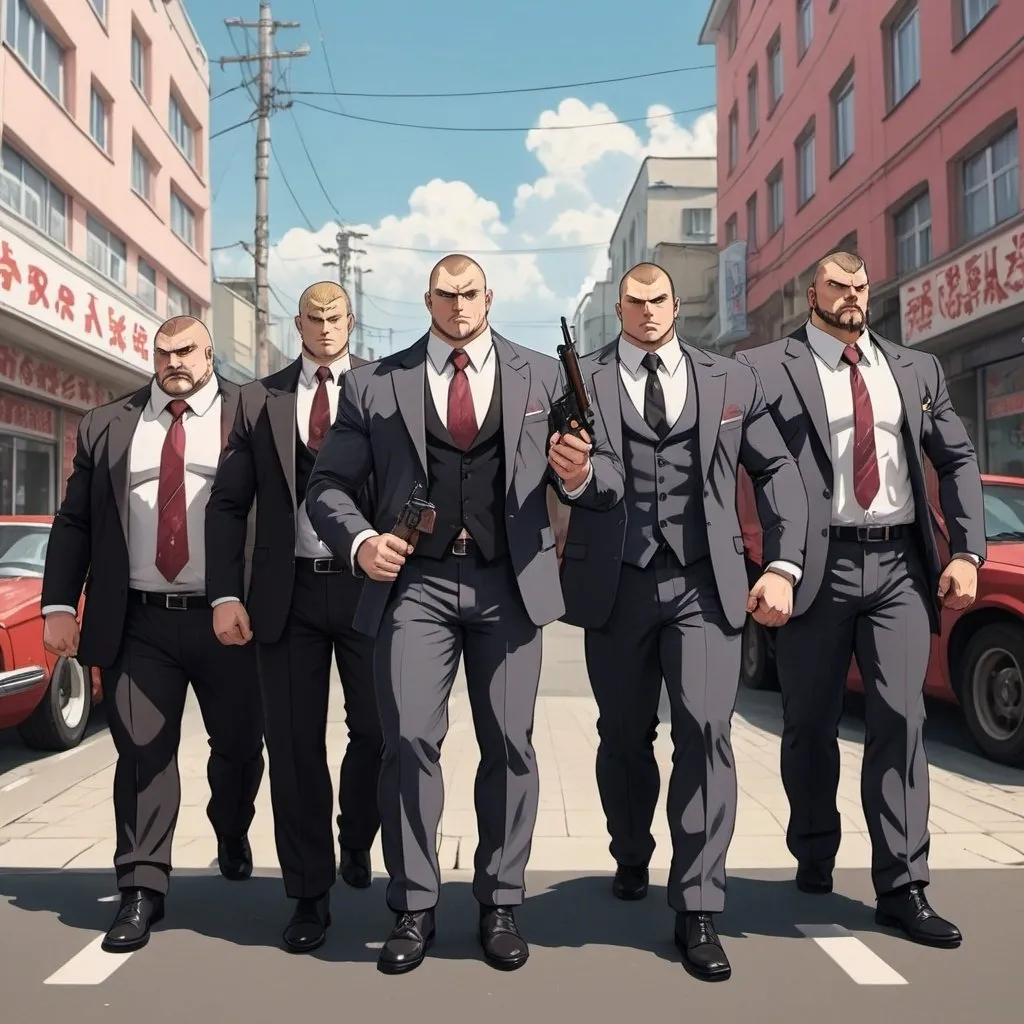 Prompt: Ghibli 2D anime style. A group of large muscular Russian mafia. All wear suits. Armed with AK-47 rifles. Daytime outside of a strip club. 