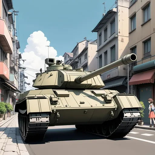 Prompt: Ghibli 2D anime style. A T-72 tank driving down a city street.