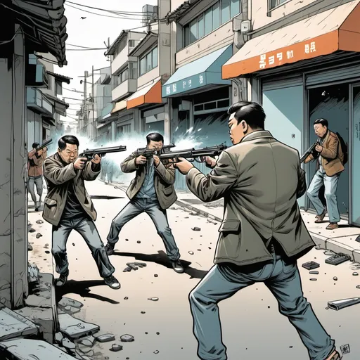 Prompt: Kim Jung Gi style illustration. people shooting guns in the street. Combat. Shootout. fibua.