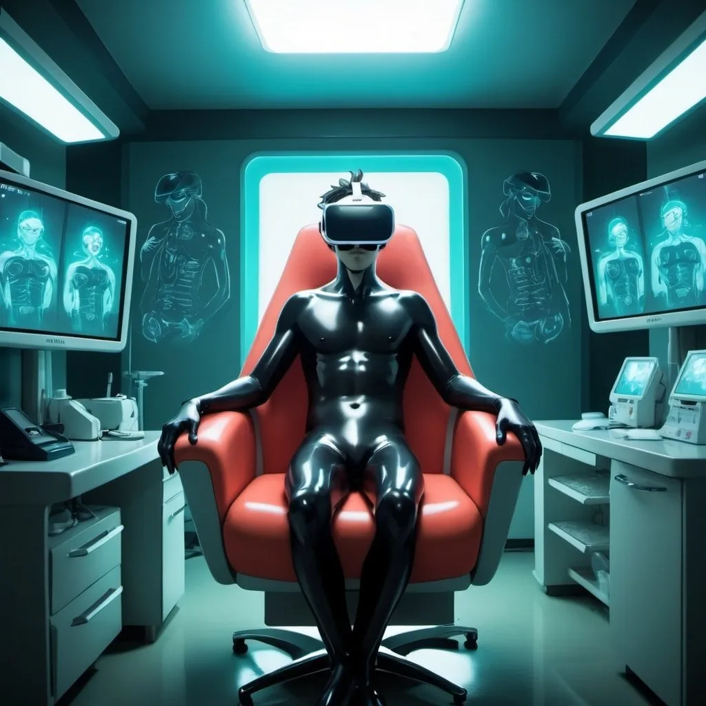 Prompt: Ghibli 2D anime style. A man wearing a latex bodysuit sits in a dentists chair with VR headset on. Room with many servers and computers. Dark room with neon lighting.